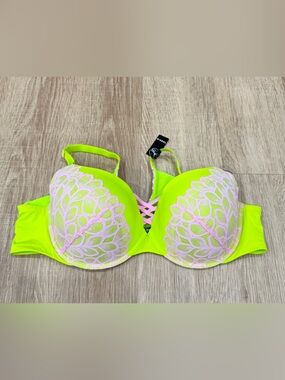 Torrid 46C XO Plunge Push-Up Bra Neon Yellow Pink Lace NWT 360° Back Smoothing